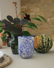 Load image into Gallery viewer, Mixed Murrine Murano Tumbler in Blue. Shop the range of Murano tumblers hand sourced by Rebecca Arts online.