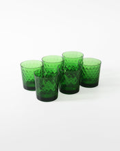 Load image into Gallery viewer, Set of six reverse diamond tumbler glasses in green. Shop the range of hand sourced ceramics and glassware by Rebecca Arts online.
